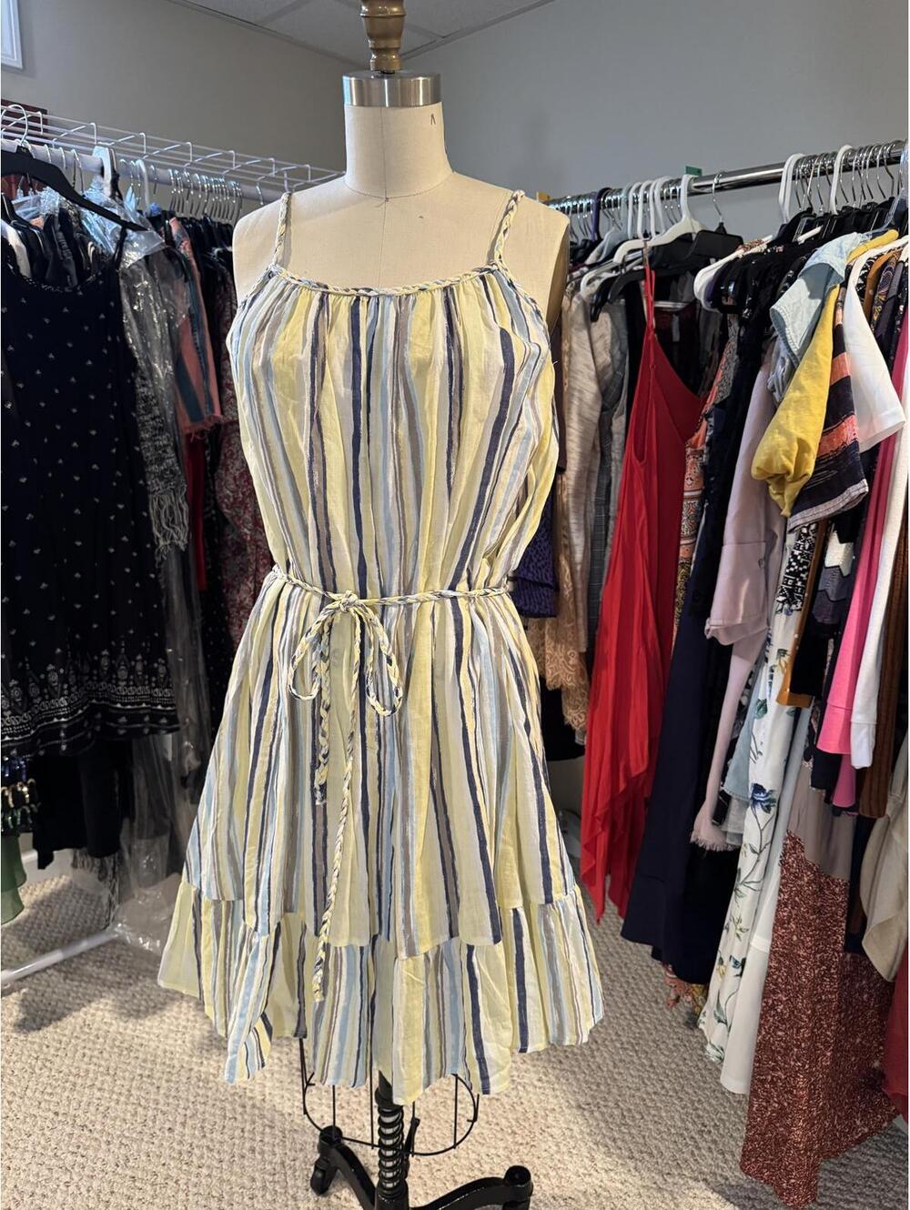 Easel - Striped Sleeveless Summer Dress with Braided Belt - Medium